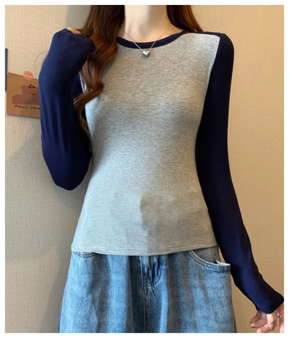 Spring Autumn Tops for Women Tshirt Turn Down Collar Long Sleeve Beige Blue Chic Y2k Fashion Patchwork 2025 T Shirts