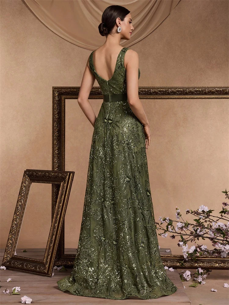 Luxury Sexy Deep V-Neck Sequins Blue Evening Dresses Women Elegant V-back Wedding Party Long Prom Cocktail Dress