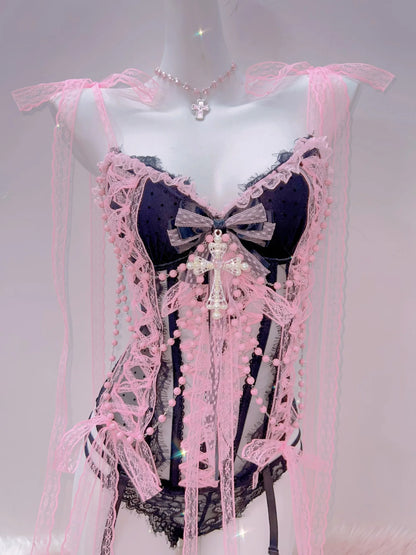 Cross Tank Tops Lace Tank Tops Pink crop top  gothic  tank tops  y2k tops y2k fashion LolitaTank TopsKawaii Tank Tops   bow tops