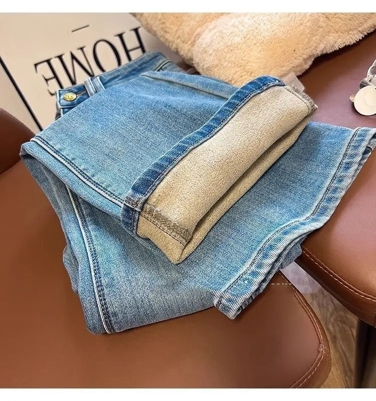 Flared Jeans for Women 25 Autumn Winter New Arrival Plus Velvet Elastic Retro Slim Sexy Petite Long Pants