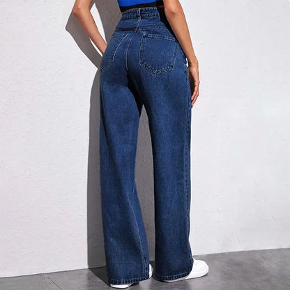 Women Jeans with Pockets High Waist Button Zipper Closure Straight Pants Vintage Denim Trousers for Daily Wear Scool Commuting