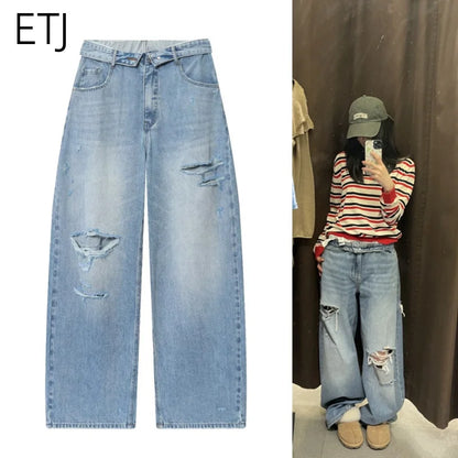 ETJ 2025 women's new street fashion fold waist mid waist washed ripped jeans loose version of the floor-length pants