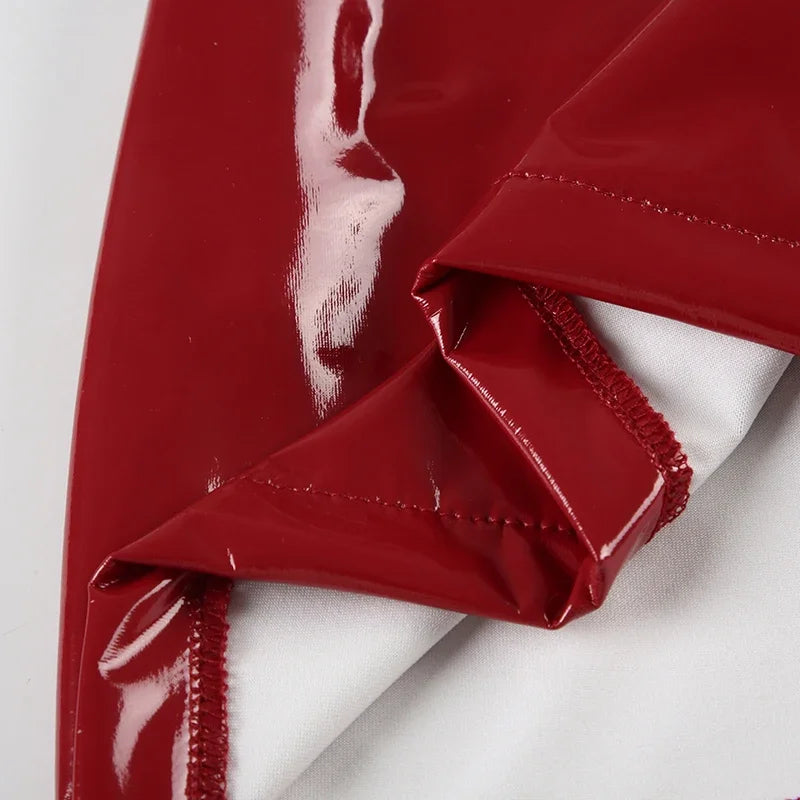 2025 Sexy Red Shiny Leather Mini Dresses Fashion Vintage Clubwear Sleeveless Clothing Bodycon HotSweet Women's Outfits