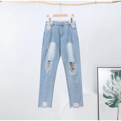 Casual Straight Jeans Women High Waisted Washed Skinny Ripped Slim Denim Pants 2025 Autumn Fashion Trend Commute Lady Trousers