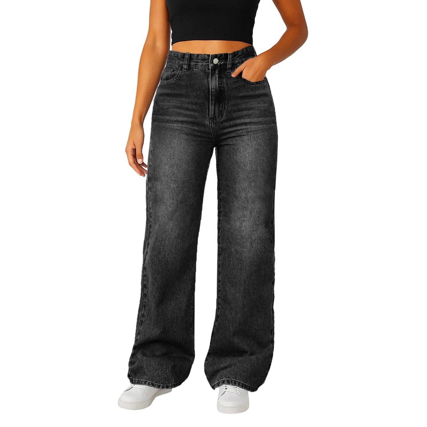 Women Fashion Popular Denim Trousers Minimalist Solid Color Straight Jeans Female Soft Comfortable Daily Office Leisure Pants