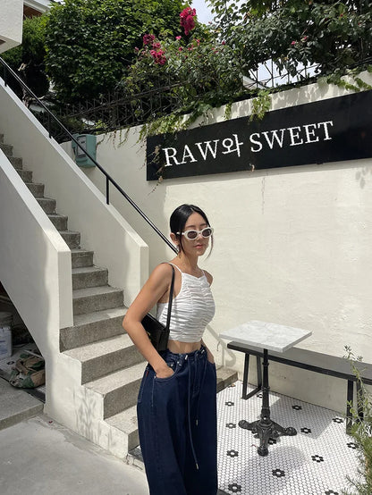 Korean Ins Retro Versatile High Waist Women's Straight Leg Jeans Summer New Fashion Loose Drawstring Design Women Wide Leg Jeans