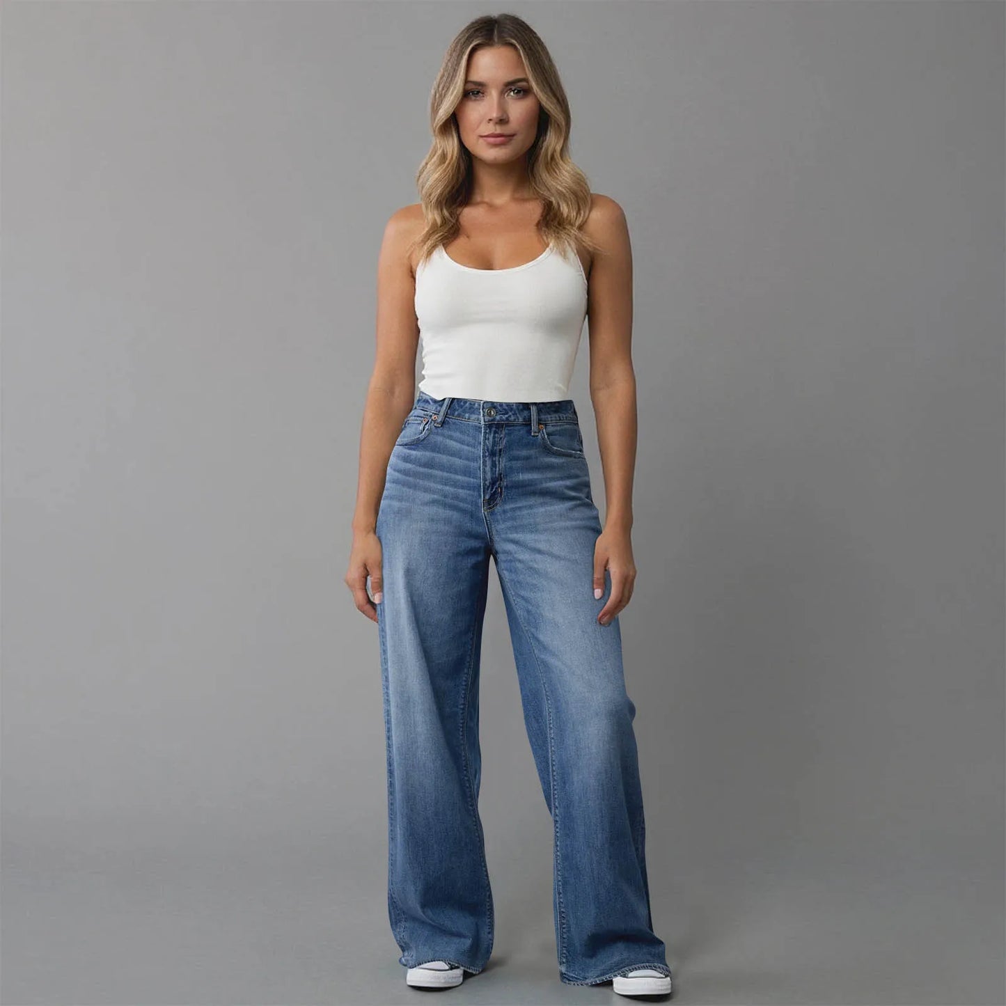 Hot Sale Women's High Waisted Jeans Stretchy Flared Straight Leg Denim Pants Solid Color Loose Trendy Comfortable Denim Pants