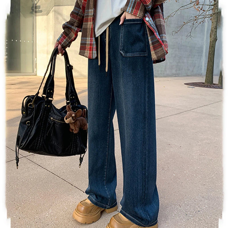 Women's Deep Blue High Waist Denim Pants 2025 Summer Casual Loose Drawstring Jeans Simple Pocket Straight Wide Leg Denim Pants