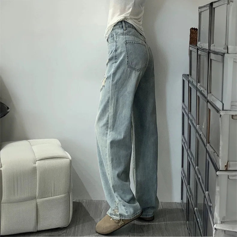 American high street old ripped large size jeans for women in summer design high waist slimming wide-leg trousers