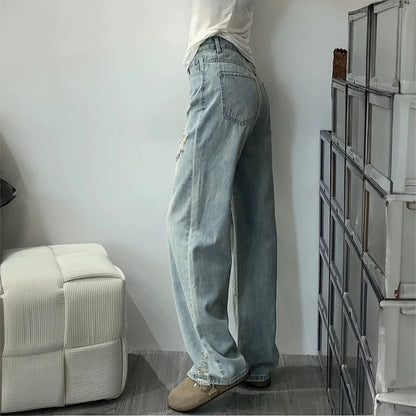 American high street old ripped large size jeans for women in summer design high waist slimming wide-leg trousers