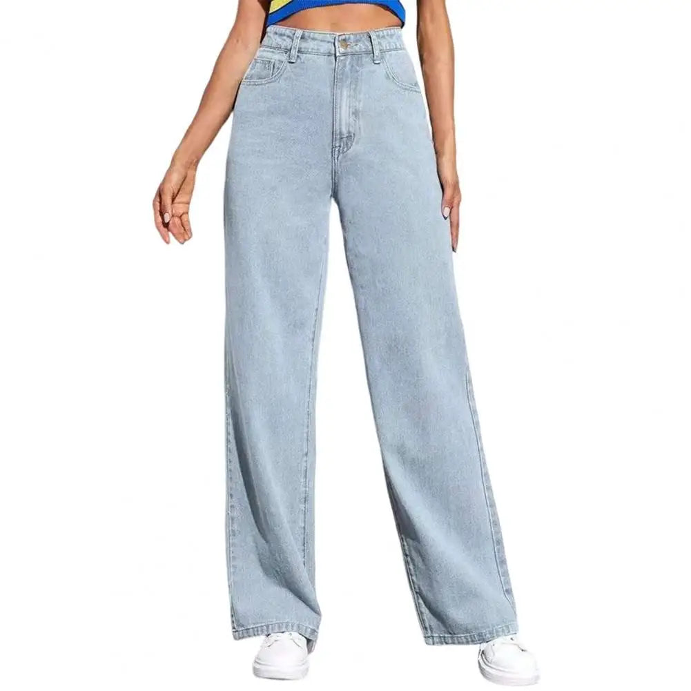 Women Jeans with Pockets High Waist Button Zipper Closure Straight Pants Vintage Denim Trousers for Daily Wear Scool Commuting