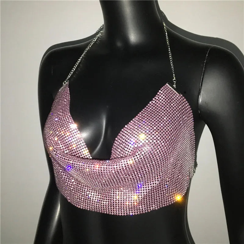 Shiny Rhinestone Tank Tops For Women Sexy Deep V Neck Backless Crop Tops For Women Rave Party Nightclub Camisole Y2K New