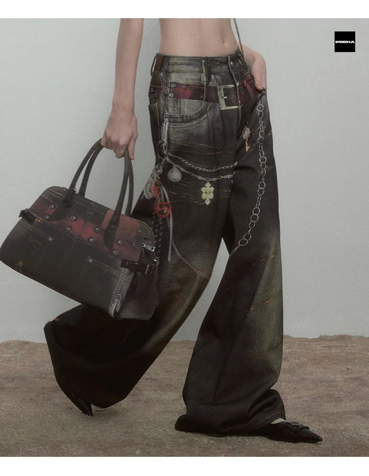 High Quality Hot Selling Wholesale 2025 New Virtual Digital Printed Retro Fashionable Personalized Wide Leg Jeans Pants Women