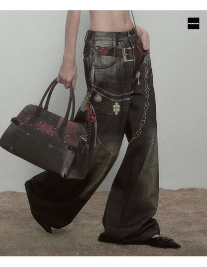 High Quality Hot Selling Wholesale 2025 New Virtual Digital Printed Retro Fashionable Personalized Wide Leg Jeans Pants Women