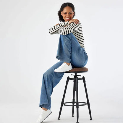 Women Jeans With Pockets Elastic High Waist Solid Color Full Length Pants Straight Wide Leg Trousers Sweatpant Daily Commuting