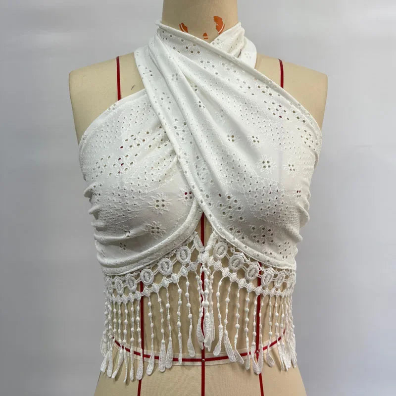 Tank Top Women Fashion Summer Sexy Halter White Lace-up Tassel Tanks Camis Women Tops Ropa De Mujer Clothes for Women 2025 Q276