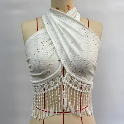 Tank Top Women Fashion Summer Sexy Halter White Lace-up Tassel Tanks Camis Women Tops Ropa De Mujer Clothes for Women 2025 Q276