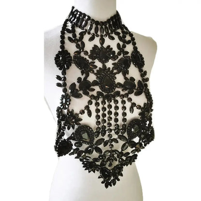 CUIER Luxurious Black Tops for Women Body Chain Jewelry Gun-black