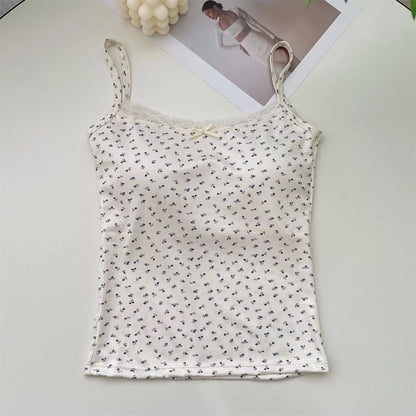 Women Floral Bow Knot Tops Summer Casual Sleeveless Ice Silk Bra Tops With Pad Sweet Lace Vest With Chest Cushion T Shirts 2024