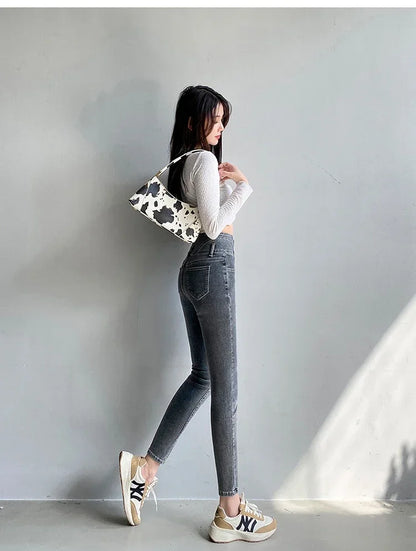 New Women's High Waist Stretch Jeans Blue Black Gray Fashionable and Versatile Multi-button Popular Slim Denim Long Pants Female