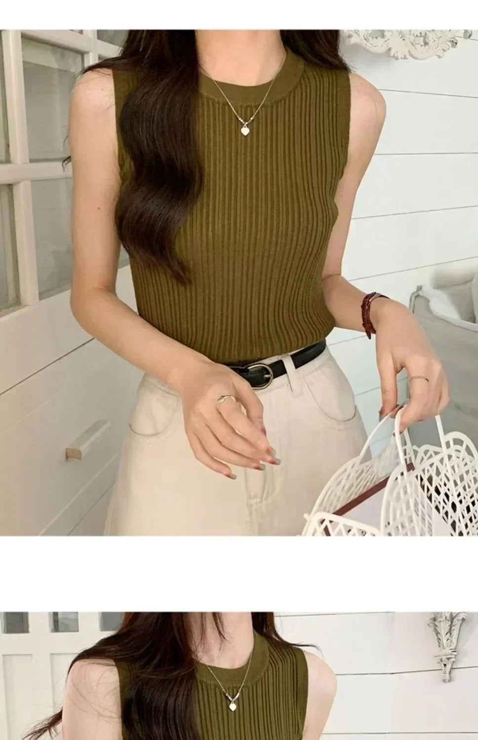 Sleeveless Blouse Shirt Women O-neck Rib Knit Vest Tank Plain Vest Tops Summer Female Basic Casual Tops Outfit
