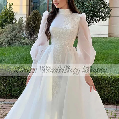 Customized Luxury Organza Wedding Gown High Applique Long Sleeve Dubai Women's Floor Length Elegant Bridal Prom Party Dresses