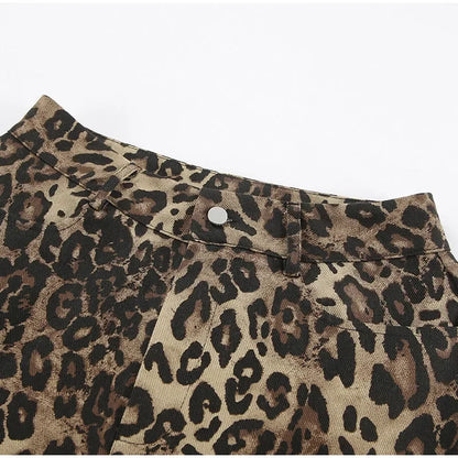 High-Waisted Leopard Print Denim Jeans for Women Retro Slim Straight Leg Trousers Vintage Y2k Hip Hop Streetwear Lady Fashion