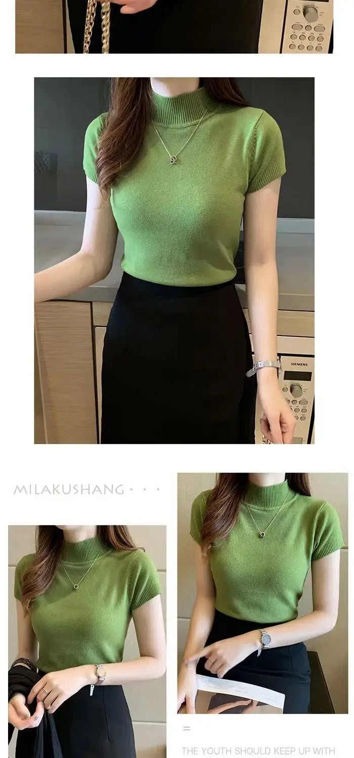 Womens Tops And Blouses Summer Short Sleeve Blouse Women Blusas Mujer De Moda 2023 Turtleneck Knitted Blouse Shirt Tops