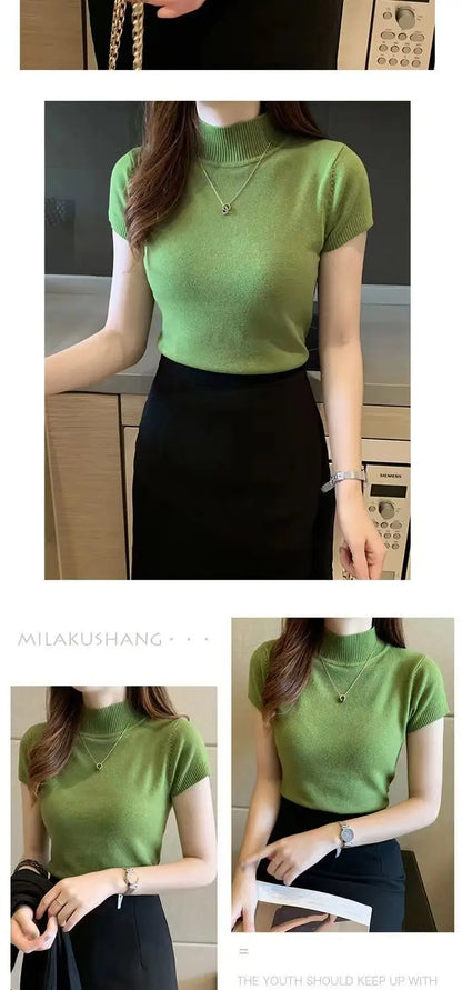 Womens Tops And Blouses Summer Short Sleeve Blouse Women Blusas Mujer De Moda 2023 Turtleneck Knitted Blouse Shirt Tops