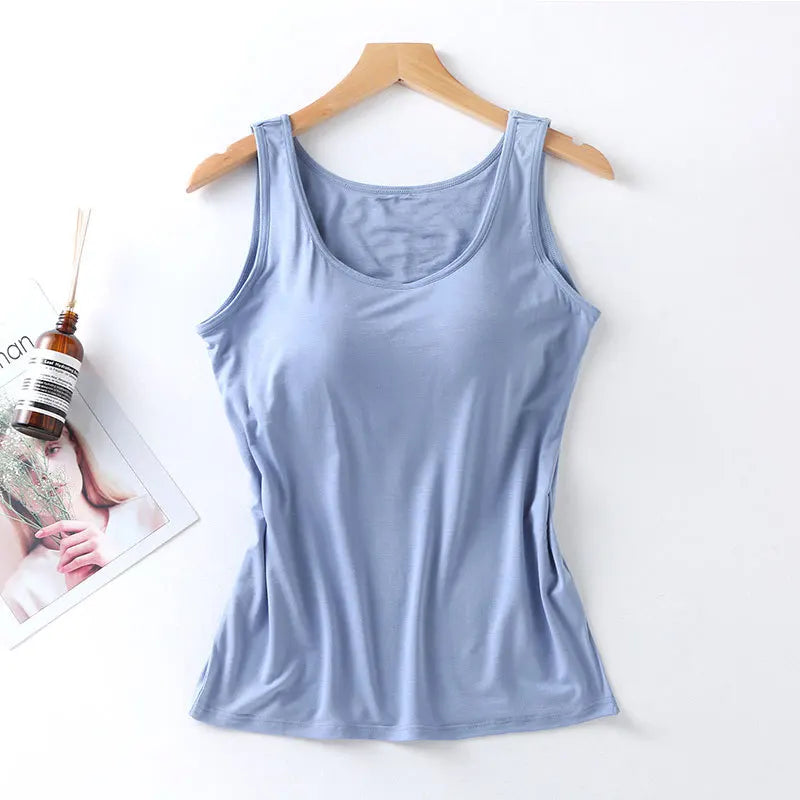 2023 Women's Vest Tops with Built In Bra Neck Vest Solid Color Padded Slim Fit Tank Tops Sexy Shirts Feminino Casual Tank Tops