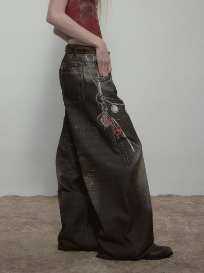 High Quality Hot Selling Wholesale 2025 New Virtual Digital Printed Retro Fashionable Personalized Wide Leg Jeans Pants Women