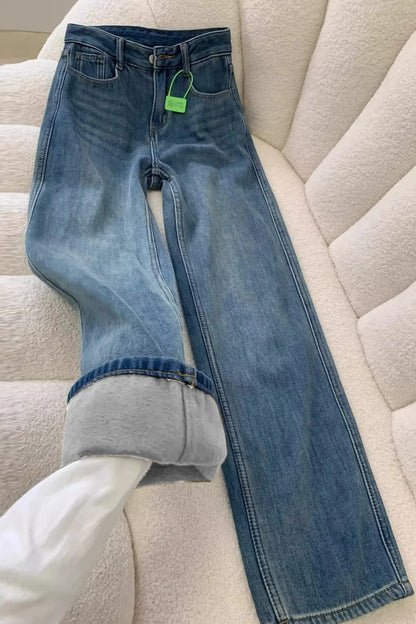 Jeans Women's Autumn and Winter Narrow Version Warm Wide-leg Velvet High-waisted Floor-mopping Pants Thickened Loose Retro