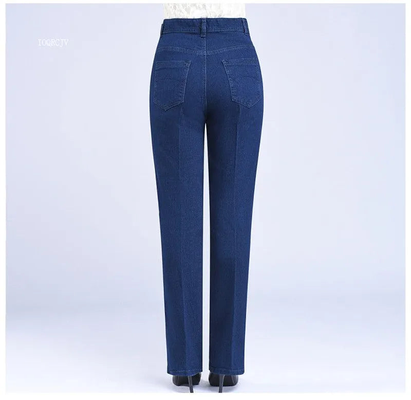 Middle-aged Women's Jeans Spring Autumn High Waist Solid Color Denim Pants Large Size Loose Female Straight Casual Cowboy Pants