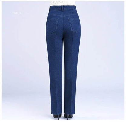 Middle-aged Women's Jeans Spring Autumn High Waist Solid Color Denim Pants Large Size Loose Female Straight Casual Cowboy Pants