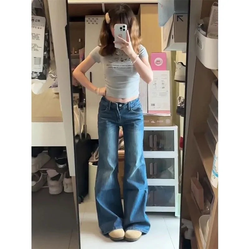 2025 Vintage High Street Low-Waisted Jeans Women Summer All-Match Wide Leg Y2K Denim Trousers Female Sexy Slim Fit Flares Pants
