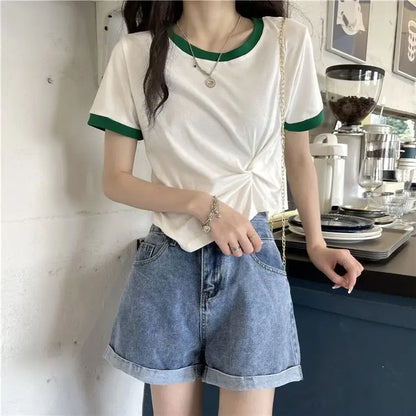 Women's Tops Trendy French Niche Girls T-shirts Chic Irregular Splicing Contrasting Colors Korean Style Modification Ins Style