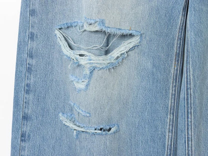 ETJ 2025 women's new street fashion fold waist mid waist washed ripped jeans loose version of the floor-length pants