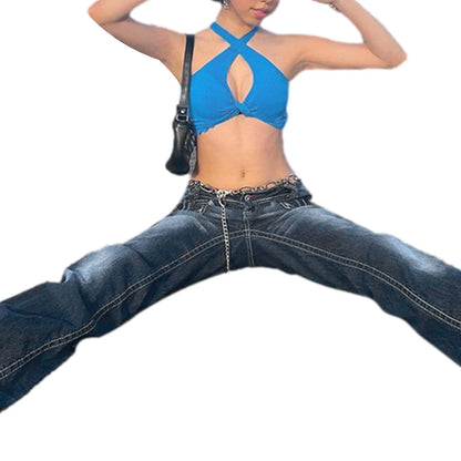 Women Y2K Hip Hop Denim Pants High Waist Relaxed Fit Washed New Fashion Wide Leg Jeans with Flap Pockets