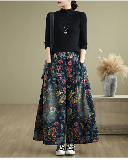 Jeans Flower Floral Print Autumn Wide Leg Pant Women Loose Pleated Fashion Ladies Oversized Trousers Elastic Waist Woman Pants