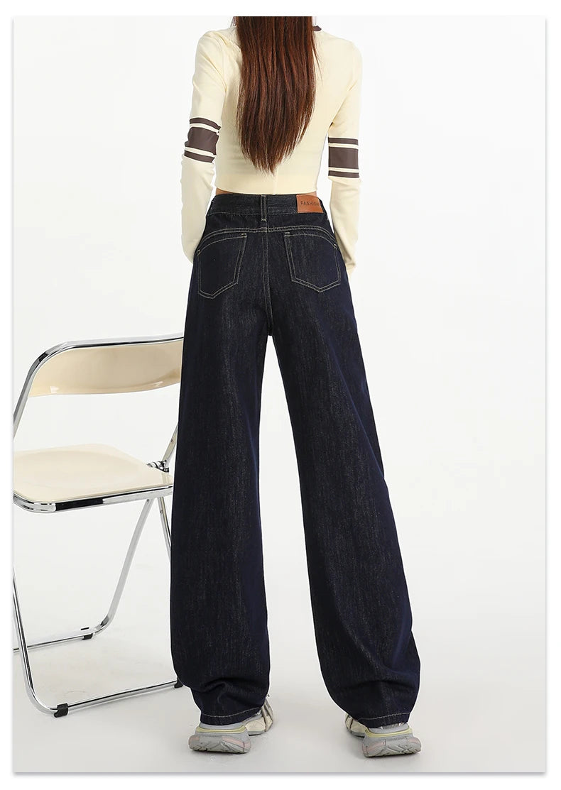 Woman Jeans High Waist Wide Leg Cotton Denim Clothing Design Sense Straight Pant Fashion Comfort White Retro Blue Casual Trouser