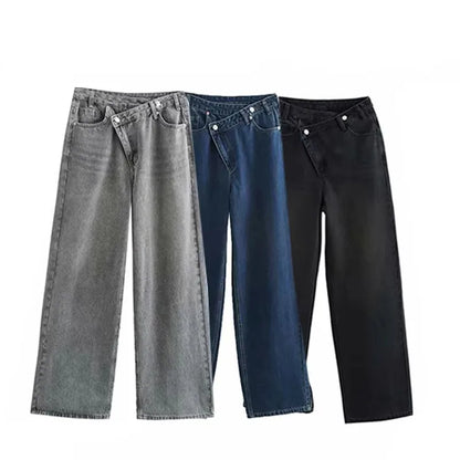 2025 Fashion Women Slanted Placket Blue Jeans Female Wide Leg Pants Long Pants High Street Ripped Jeans Versatile Retro
