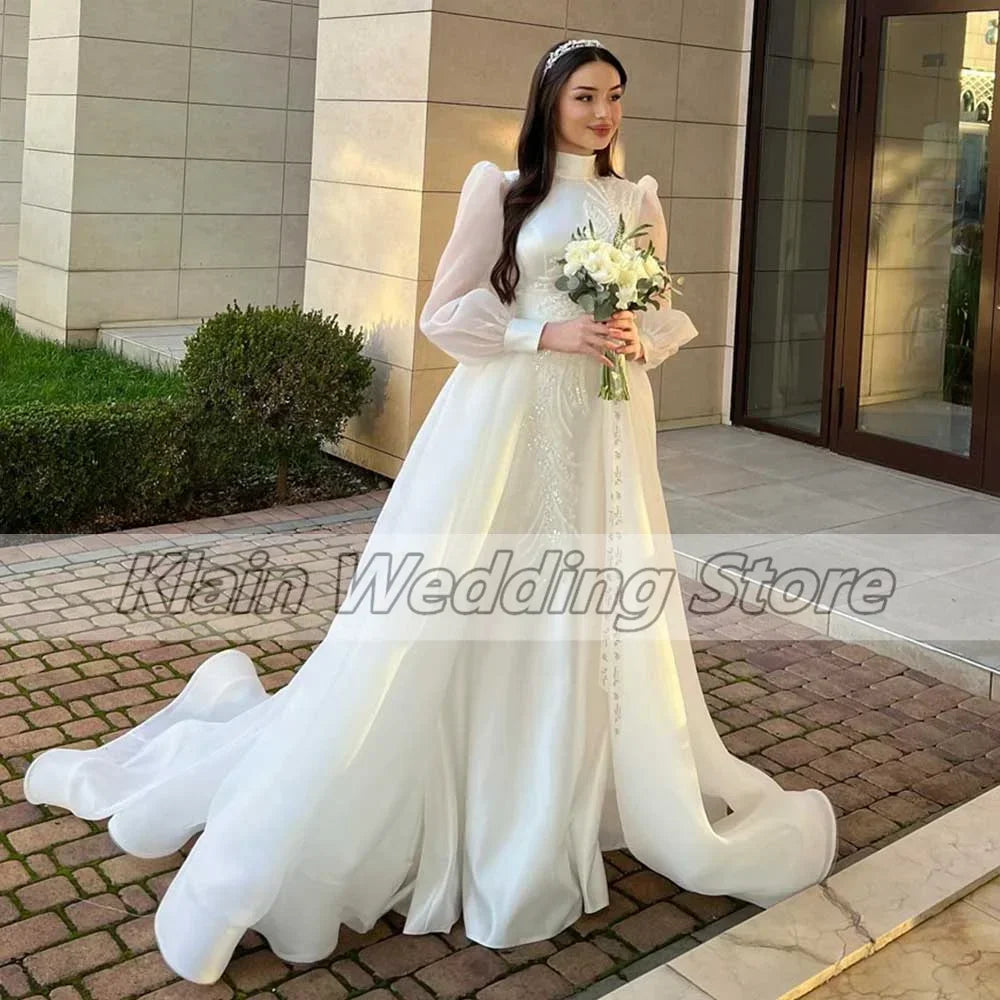 Customized Luxury Organza Wedding Gown High Applique Long Sleeve Dubai Women's Floor Length Elegant Bridal Prom Party Dresses