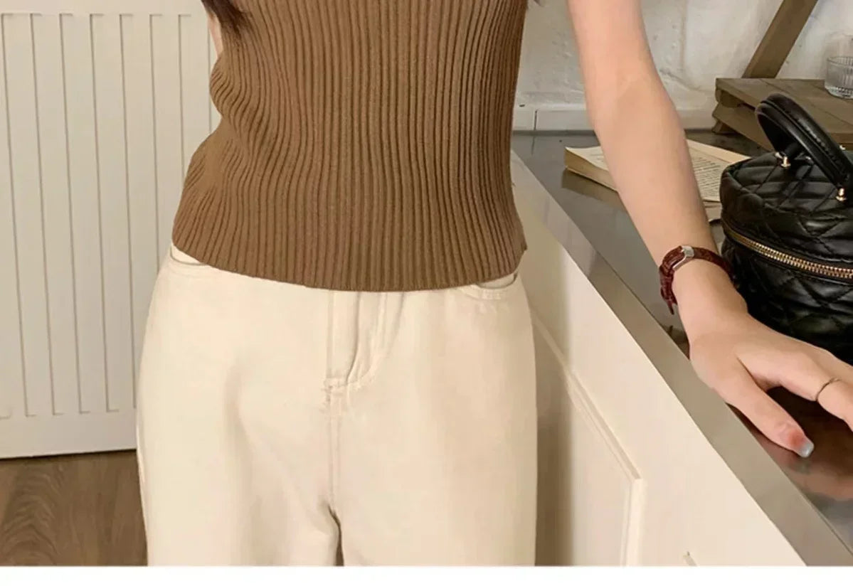 Sleeveless Blouse Shirt Women O-neck Rib Knit Vest Tank Plain Vest Tops Summer Female Basic Casual Tops Outfit