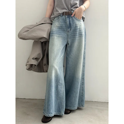 Women's Retro High-waisted Wide-leg Jeans  Loose  Slimming  Drapey  Casual Floor-length Pants for Autumn and Winter