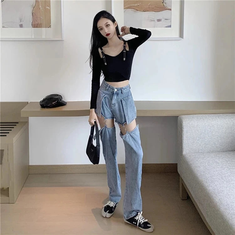 Women Straight Leg Ripped Jeans For Women Fashion Loose Hole Streetwear Women High Waist Pants Hole Denim Trousers