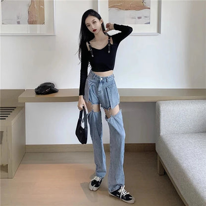 Women Straight Leg Ripped Jeans For Women Fashion Loose Hole Streetwear Women High Waist Pants Hole Denim Trousers