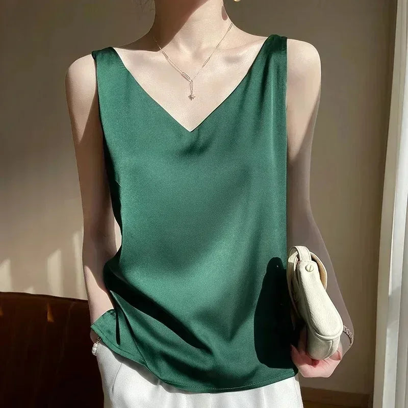 Tank Tops for Women Sleeveless V Neck Satin Silk Camisole 2025 Fashion Summer Solid Loose Vest Ladies Tops Streetwear