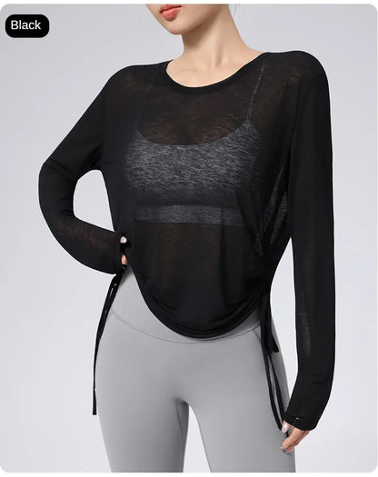 Thin Sunscreen Clothes Yoga Loose Top Drawstring Long Sleeve T-shirt Women's Gym Outdoor Exercise Clothing