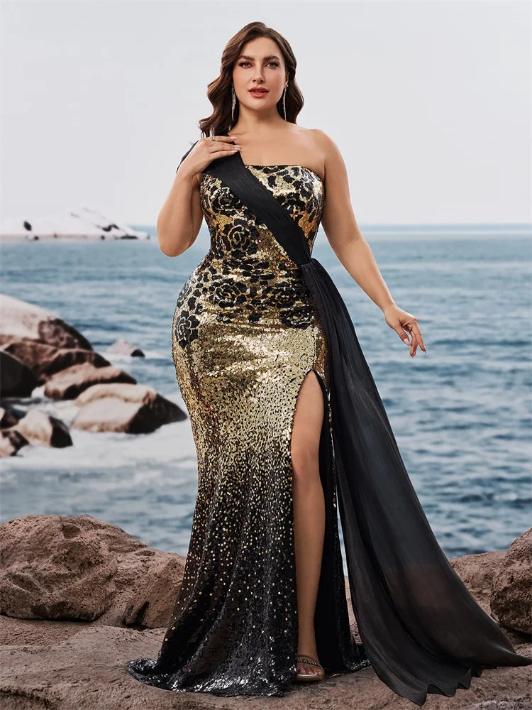 BLUEPLUM Plus Size Elegant off-shoulder Sleeveless Evening Dresses Luxurious Slit Wedding Party Mermaid Ribbon Cocktail Gowns