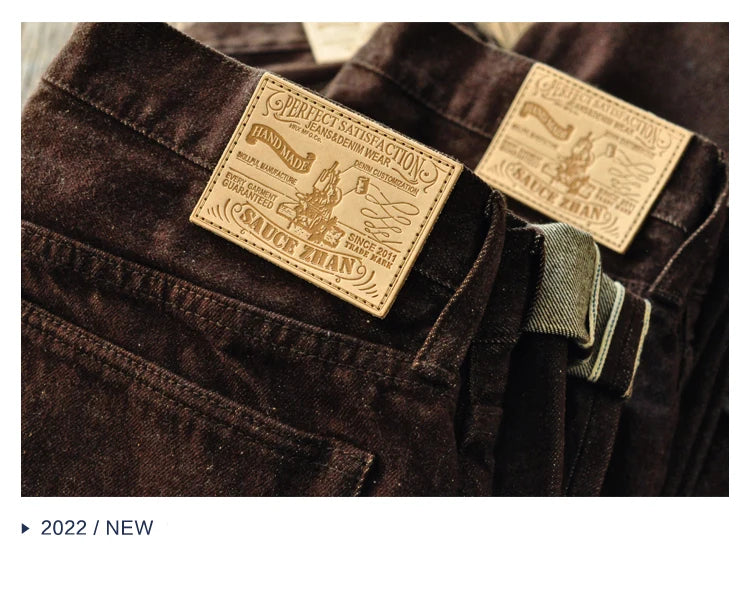 Saucezhan Men Jeans Brown Jeans Men Jeans Trousers  Selvedge Denim Jeans for Men Taper Fit Mens Jeans vintage 13.8 Oz
